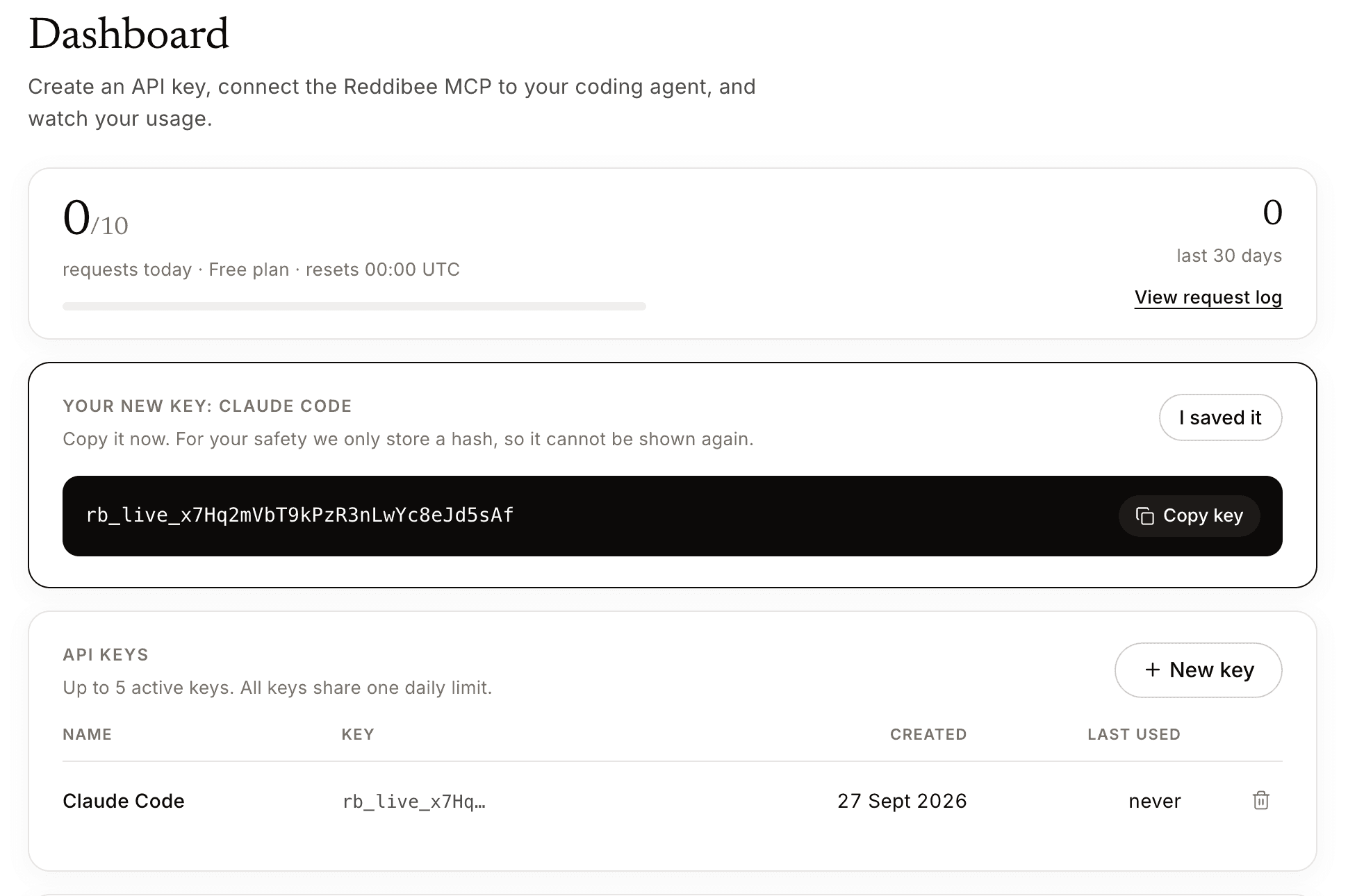 Reddibee dashboard showing a new API key with a Copy key button